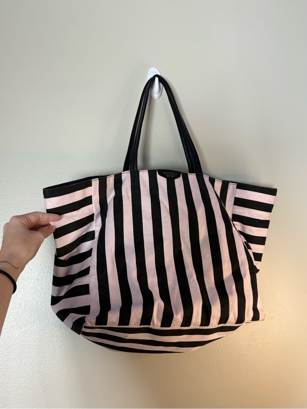 Victoria's Secret Weekender Black and Light Pink Vertical Stripe Tote